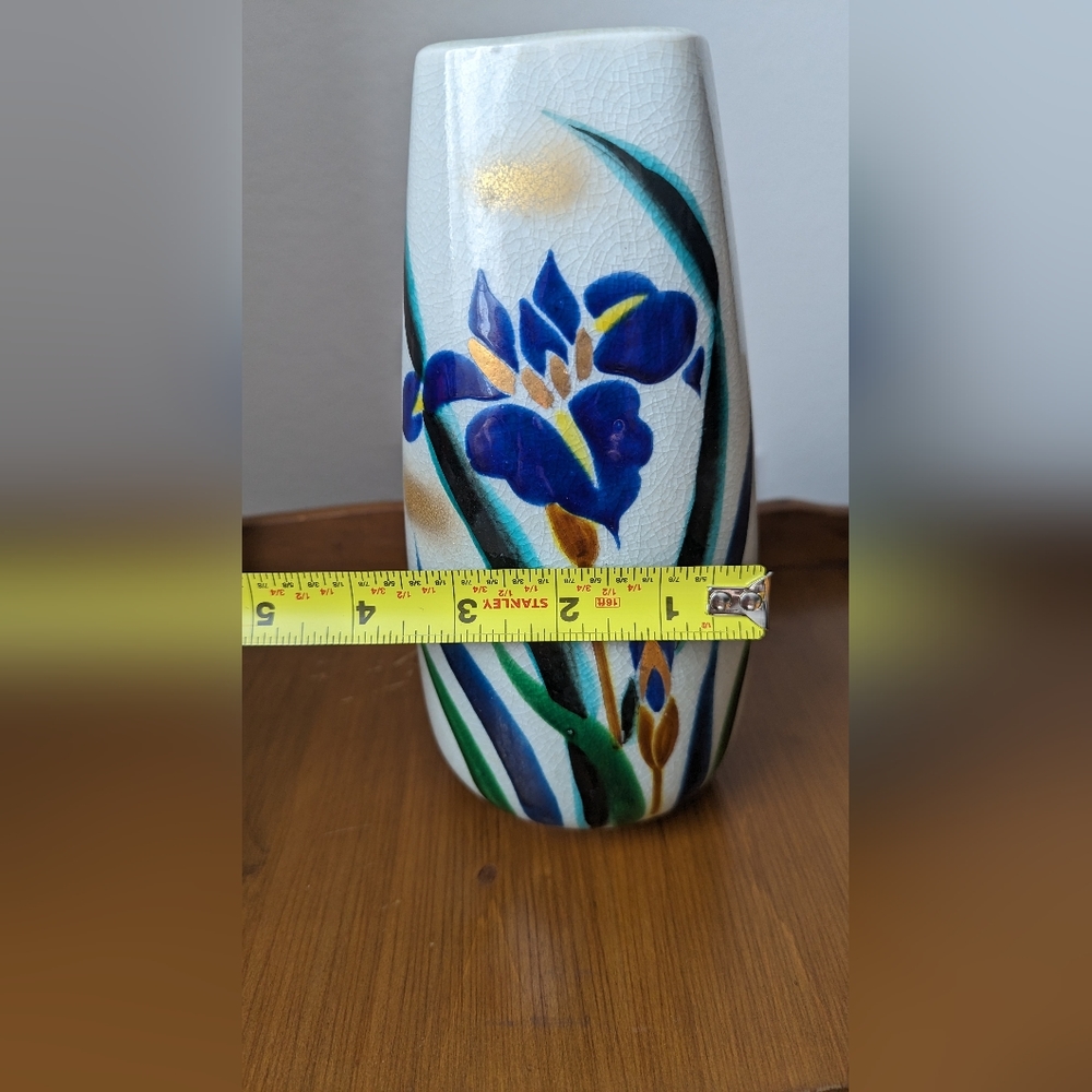 Chinese/Japanese Crackle Glazed Hand Painted Iris Vase Vtg 9" - Picture 3 of 5